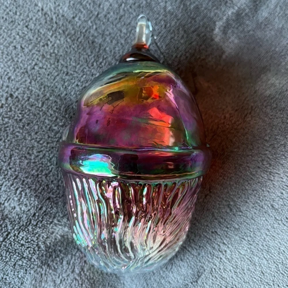 Iridescent Santa Head Thick Glass Ornament EUC